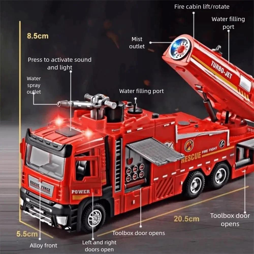 1:32 Fire Truck Toy With Spray Mist Sound Light Pull Back Function Fire ...
