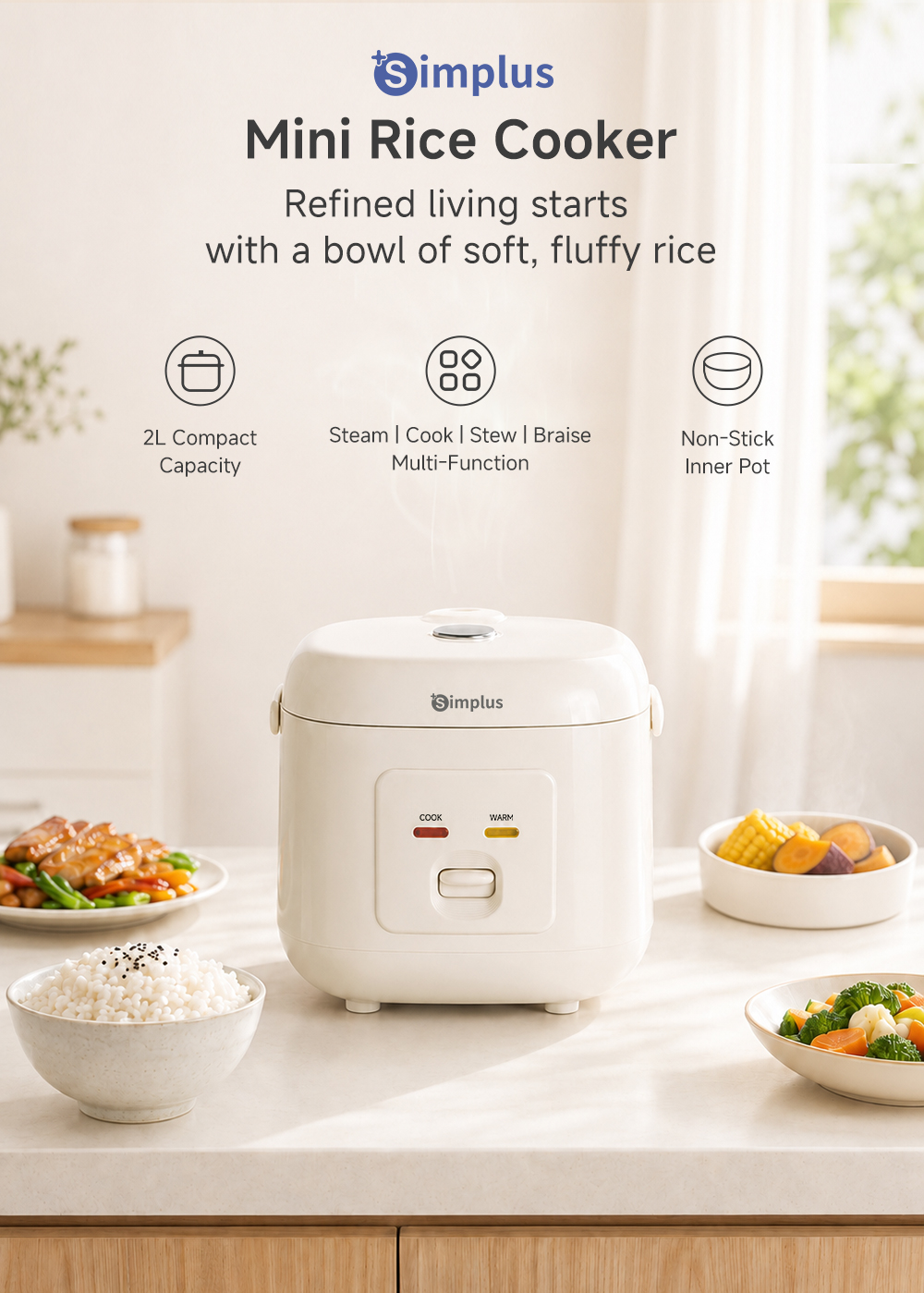 Simplus 2L Rice Cooker Mini Compact Home Use Non-Stick Inner Pot Steam ...