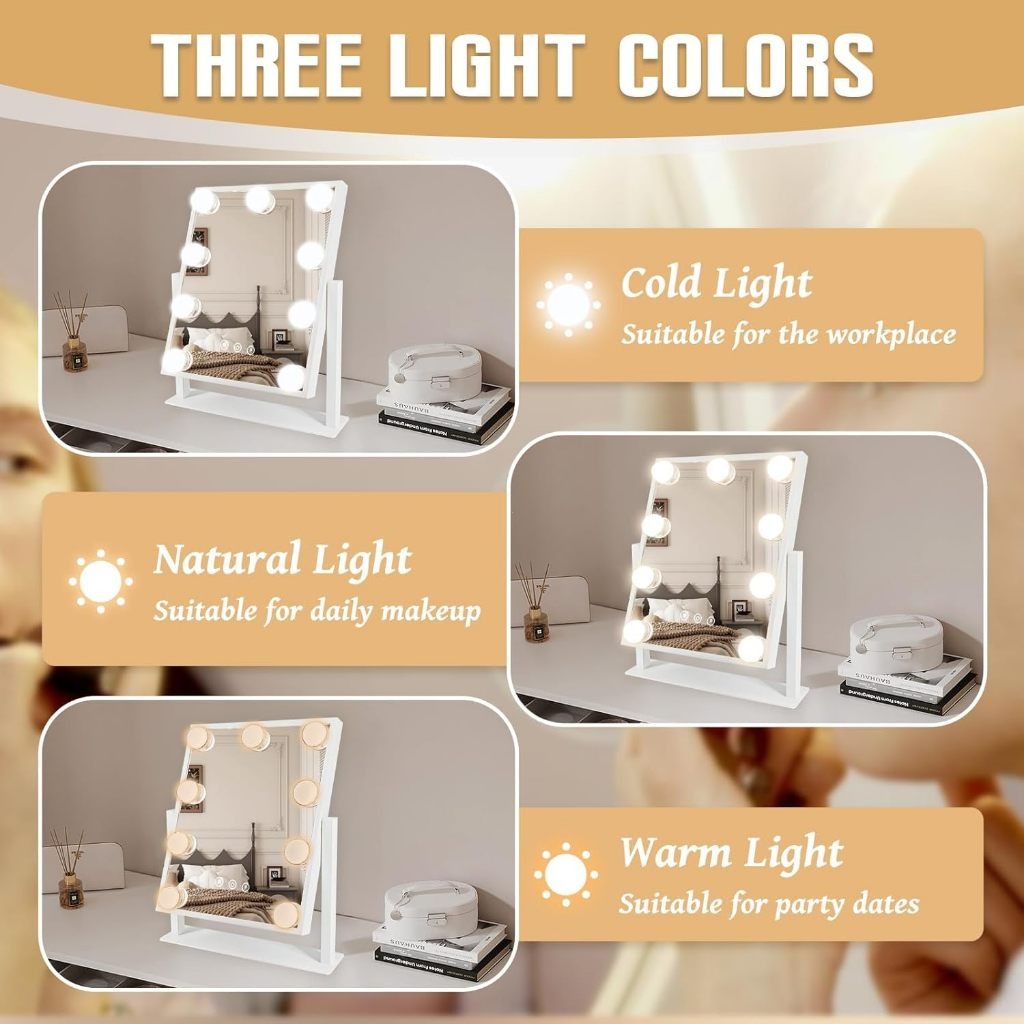 Hollywood mirror LED Bulbs Tabletop Makeup Mirror with 3 colors light ...