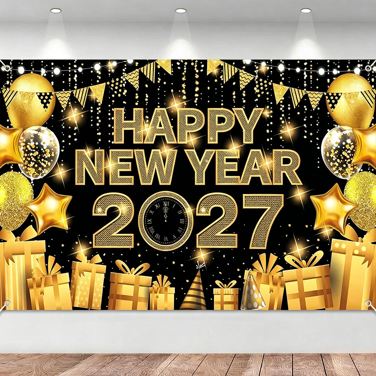 2027 Happy New Year Banner Black Gold Fireworks Banner Backdrop for New ...