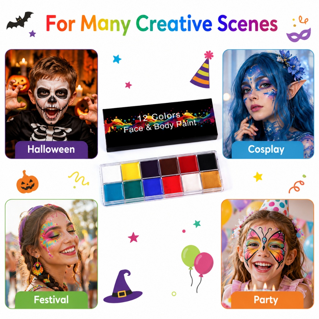 Face Paint Palette 12 Colors Body Paint Makeup Waterproof Bright Colors ...