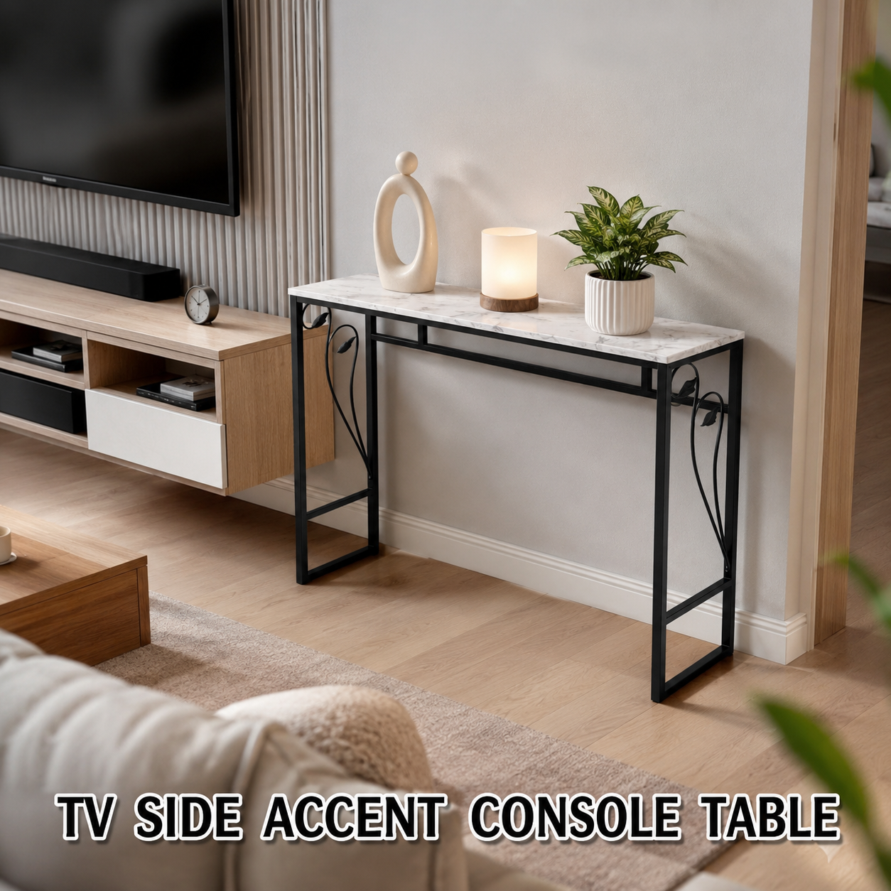 Console Table Marble Look Top with Metal Frame, Slim Entryway Sofa Side ...