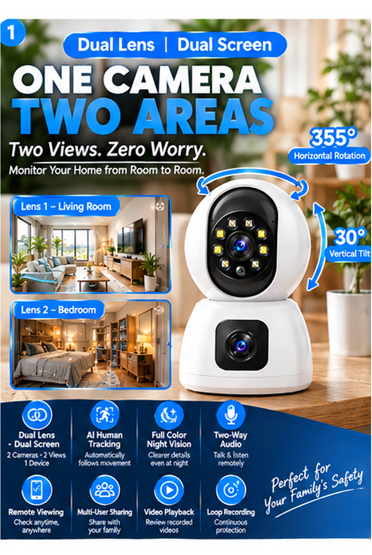 Dual Lens Dual Screen WiFi CCTV Camera 2 Areas AI Human Tracking 355 ...