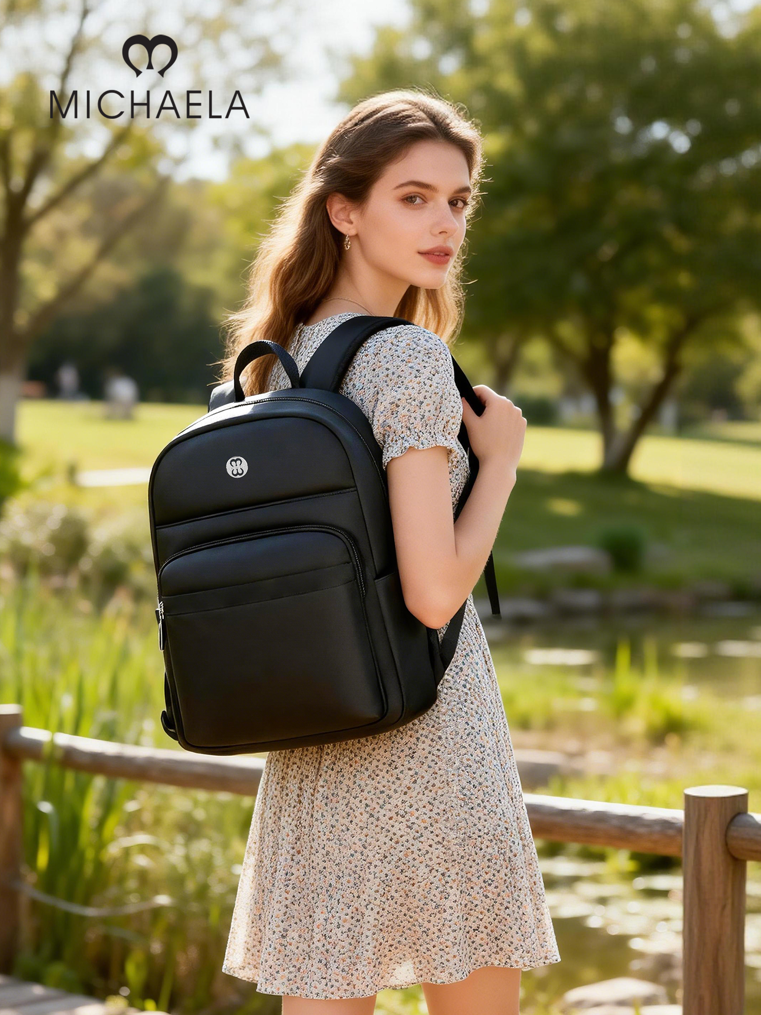 MICHAELA Clean-Lined Laptop Backpack Re-Nylon Roomy School Bag for ...