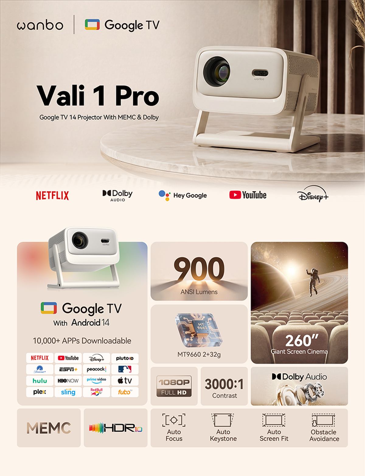 Wanbo Vali 1 Pro Smart Projector 4K Google TV 14 Dolby Audio MEMC HDR10 ...