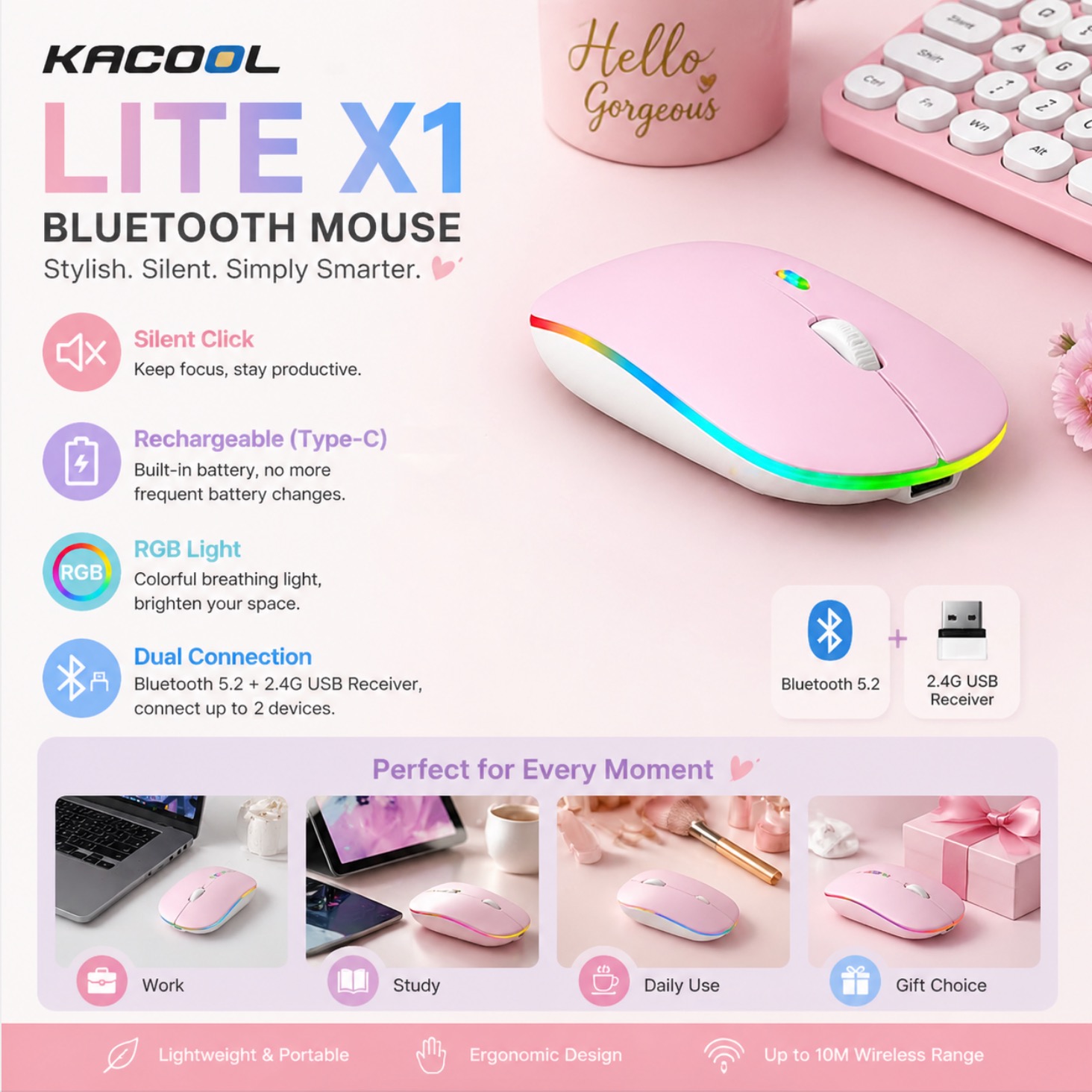 Wireless Mouse Bluetooth and 2.4Ghz USB Receiver Optical Slim ...