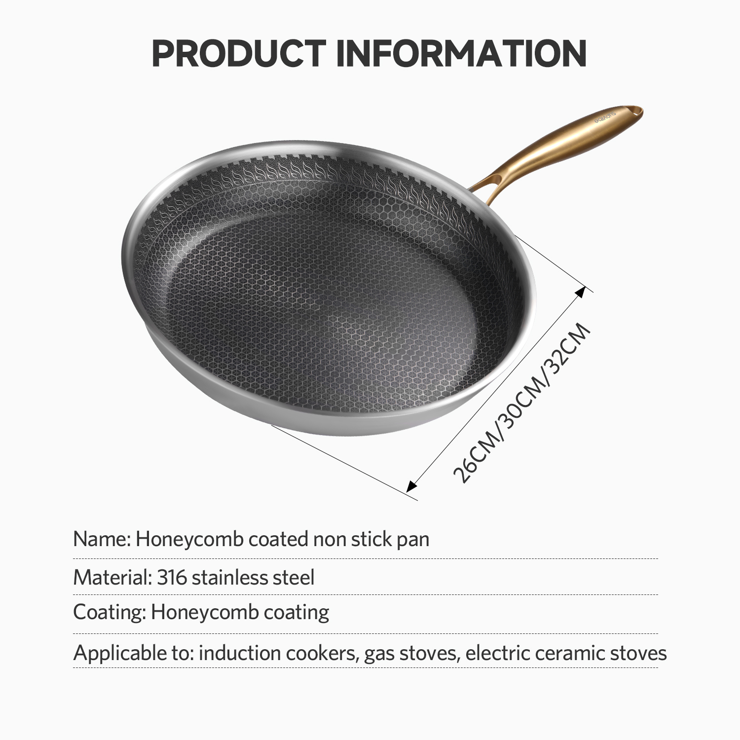 SUPVIBE 316 Stainless Steel Frying Pan Honeycomb coating with lid No ...