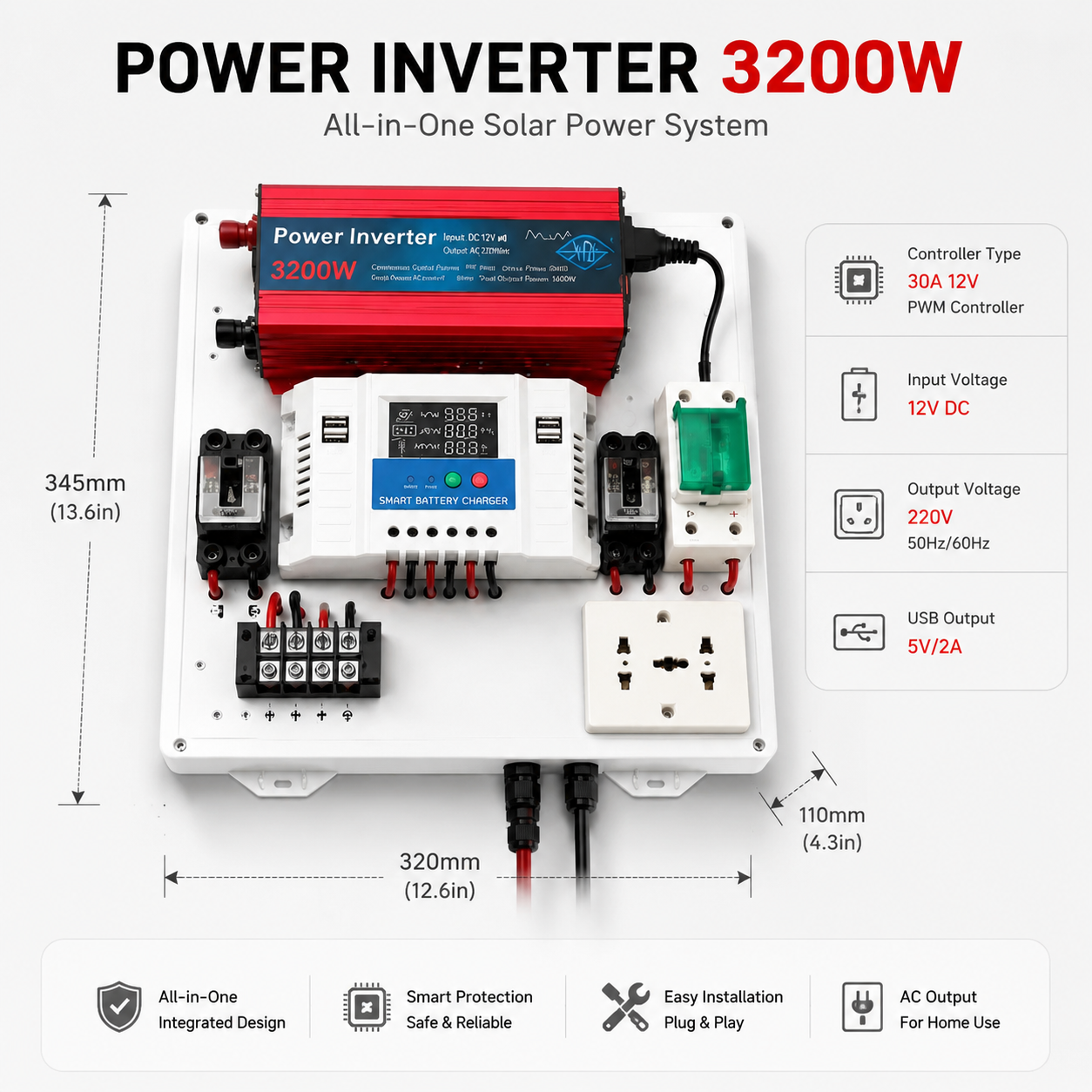 3200W Solar Inverter Kit 12V to 220V Pure Sine Wave w/ PWM LCD USB ...