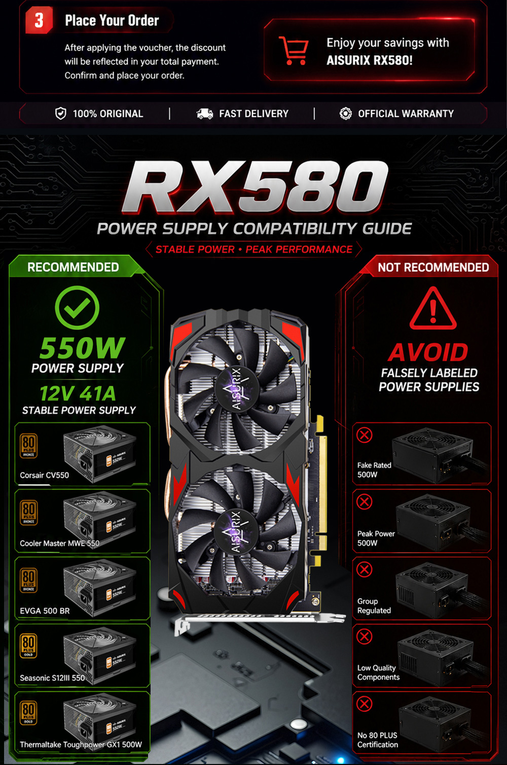 AISURIX Graphics Card RX 580 8GB Gaming Black Myth Wukong GDDR5 256Bit ...