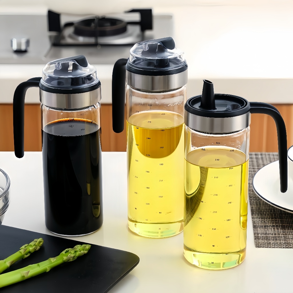 Gravity Oil Dispenser Auto-Open Lid Condiment Seasoning Jar Soy Sauce ...