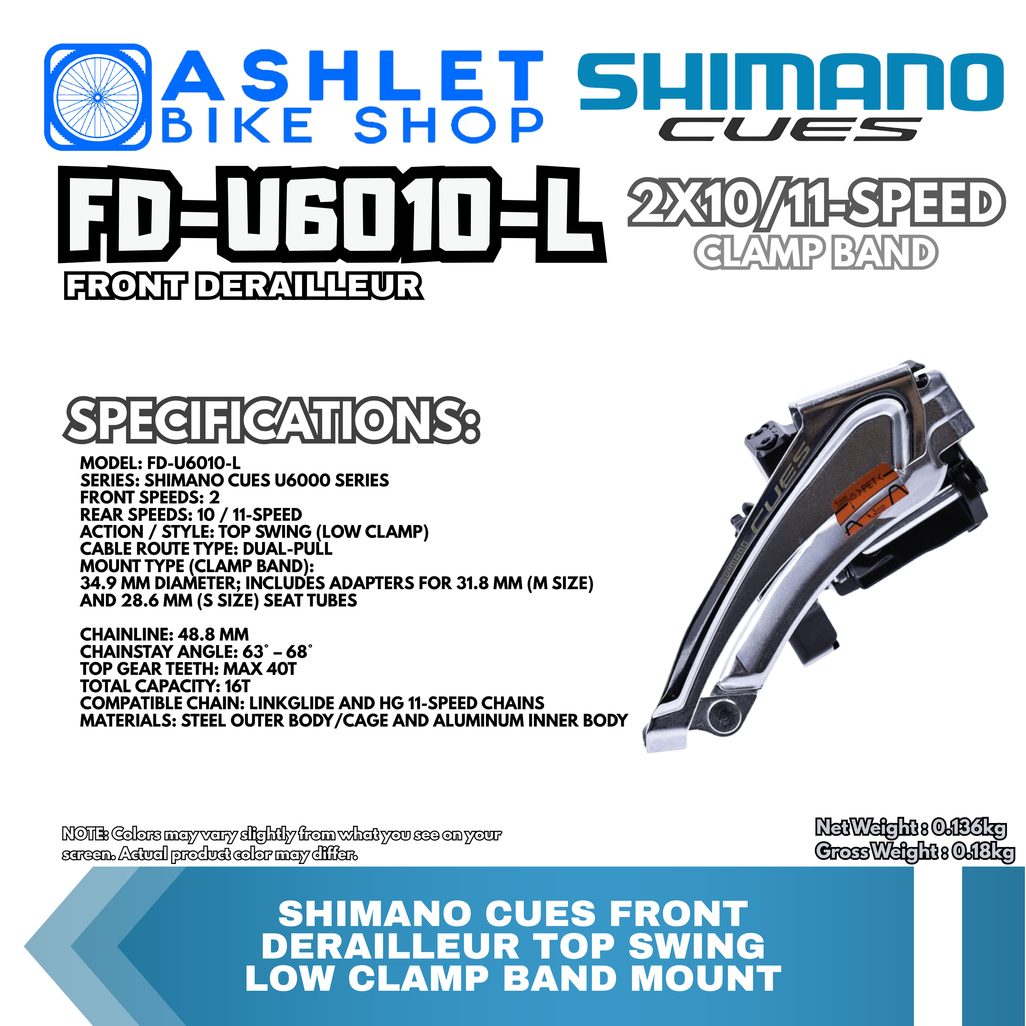 SHIMANO CUES FD-U6010-L 2x10/11-Speed Front Derailleur Top Swing Low ...