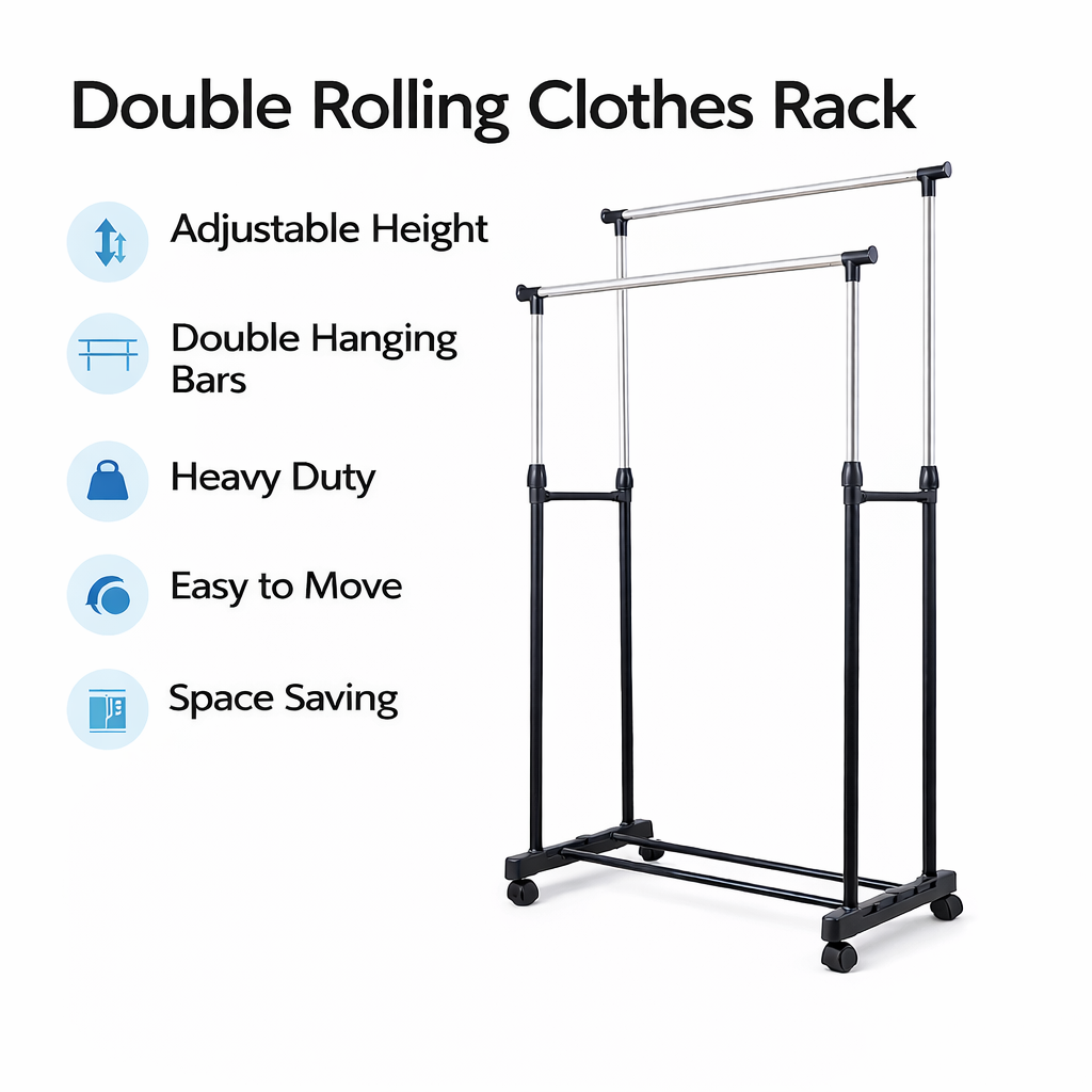 Heavy Duty Clothes Rack with Wheels Double Rod Adjustable Height ...