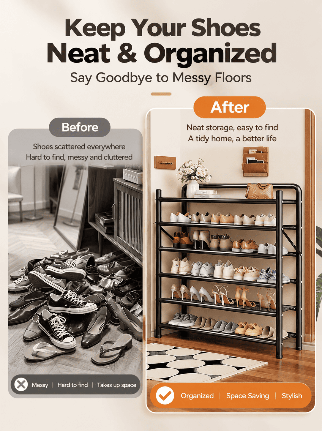 Heavy Duty 6-Tier Shoe Rack Foldable Metal Shoe Organizer Shelf with ...
