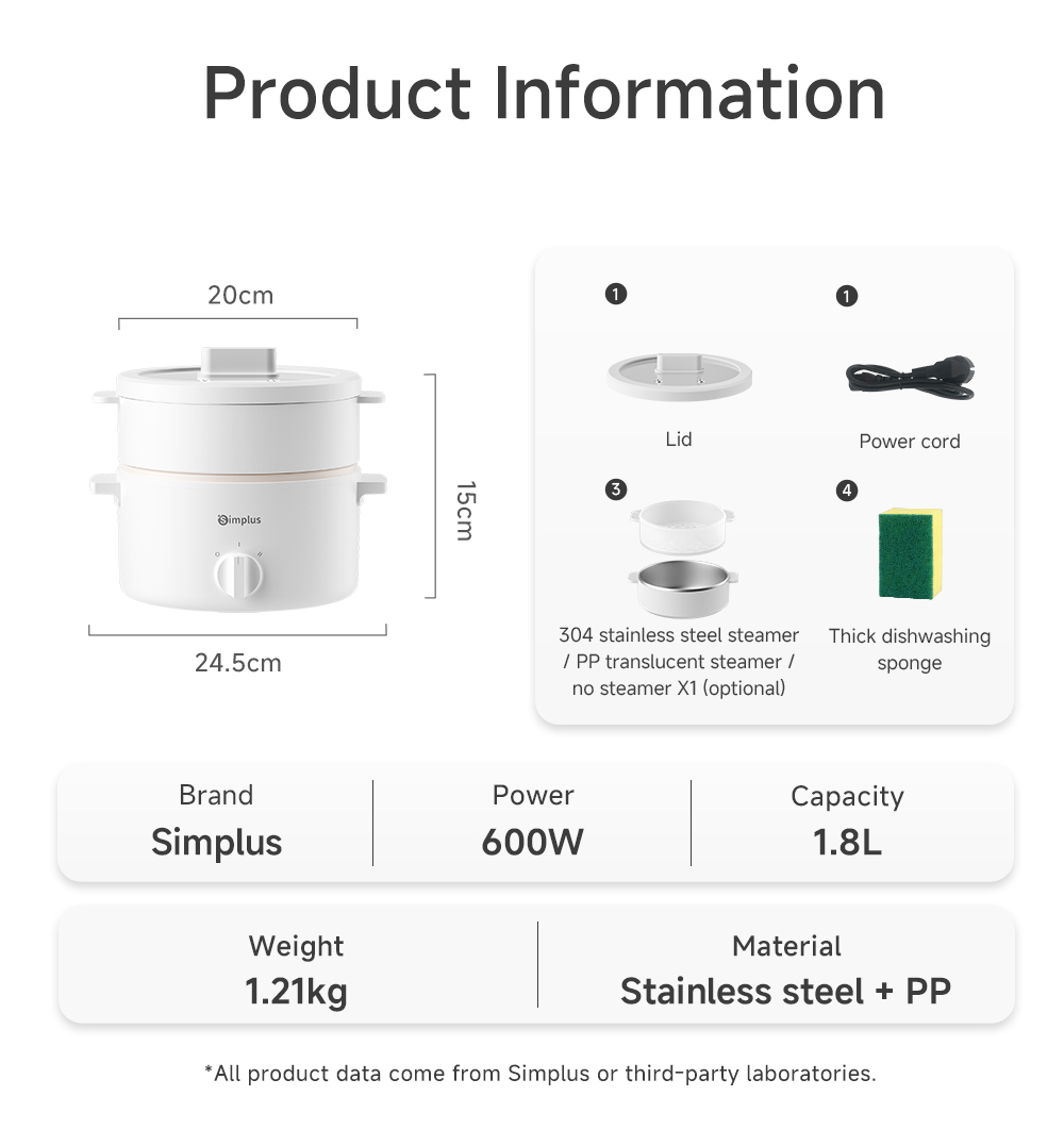 Simplus 2 In 1 Electric Cooker 1.8L/3L Stainless Steel/Plastic Steamer ...
