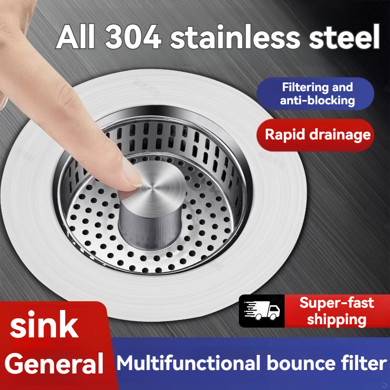 Stainless Steel Push Button Sink Strainer Universal Drain Plug Spring ...