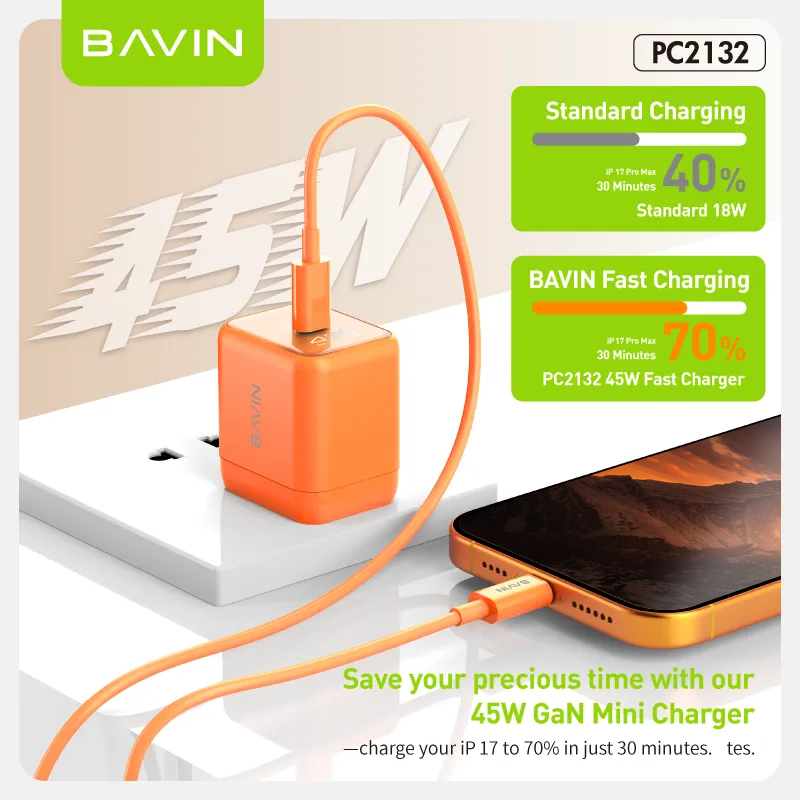 BAVIN PC2132 GaN 45W PD Mini USB-C Fast Charger Wall Adapter w/ Cable ...