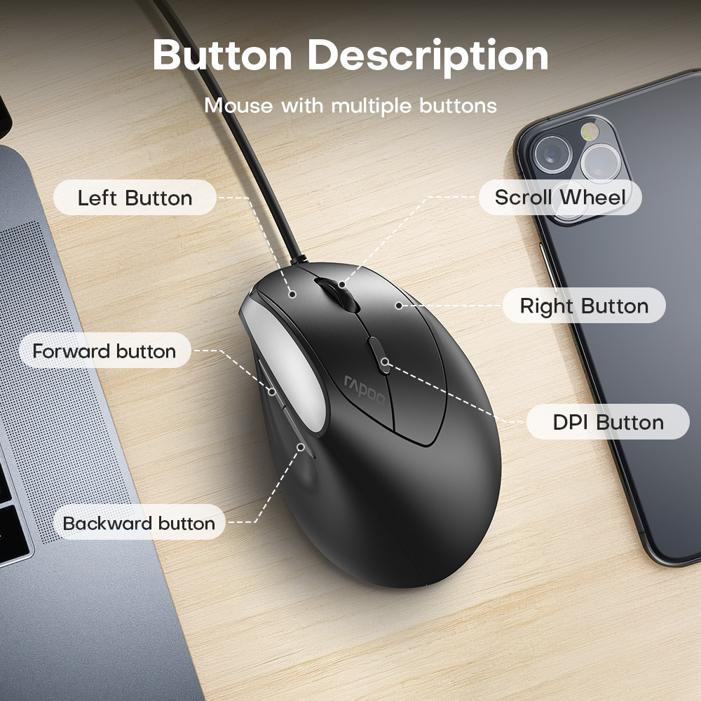 Rapoo EV200 Silent Vertical Optical Wired Mouse (Black) | Shopee ...