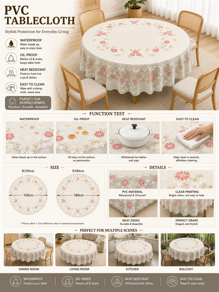 Round PVC Waterproof Tablecloth Oilproof &Dustproof Elegant Floral ...