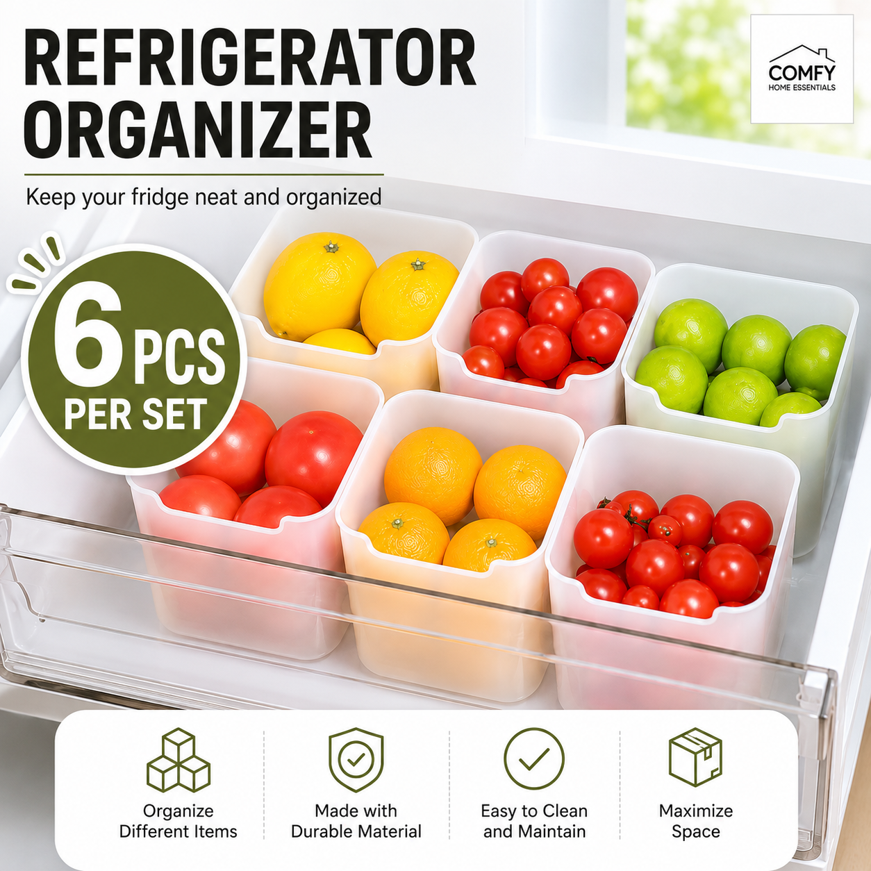 (6PCS PER SET) Refrigerator Food Storage Box Side Door Fridge Organizer ...
