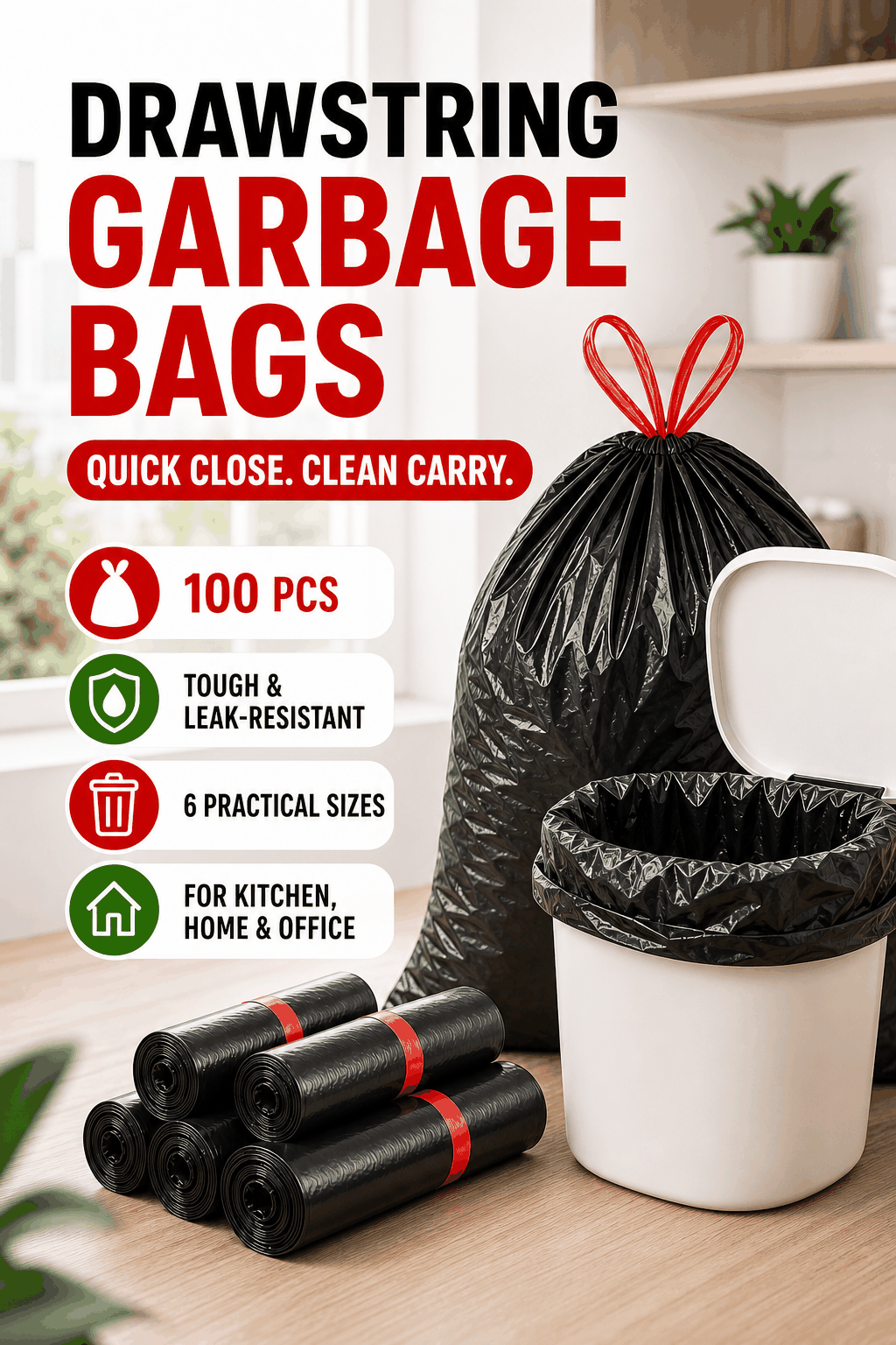 100pcs Drawstring Garbage Bags Thickened Trash Bags 10-120L Kitchen ...