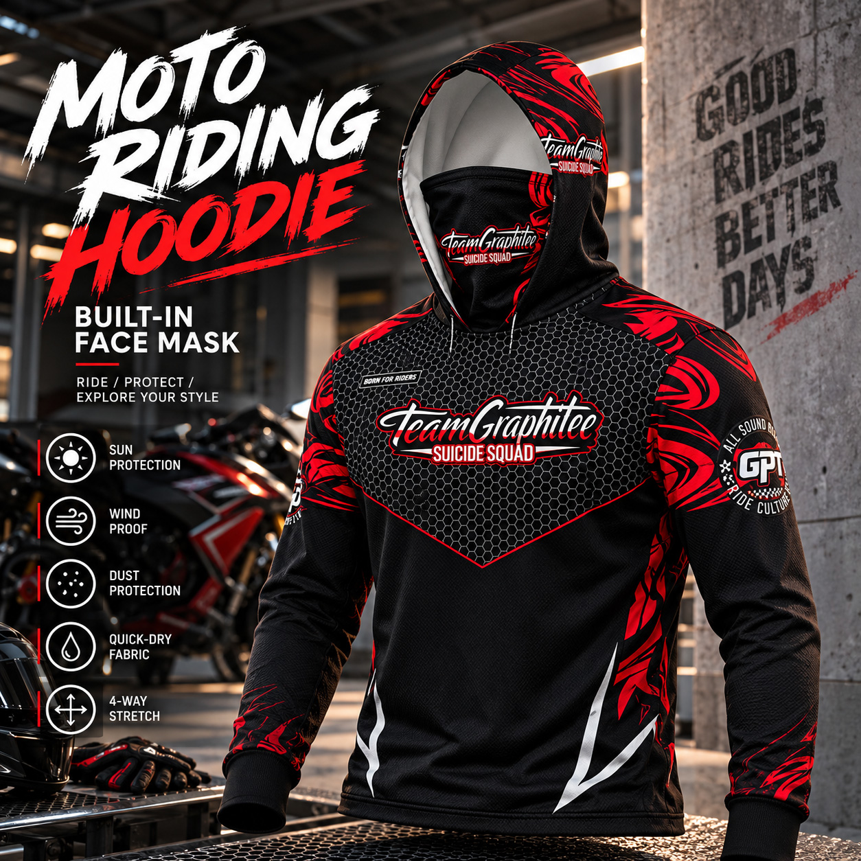 Men Motorcycle Jersey Hoodie Long Sleeve Graphic Riding Top with Face ...