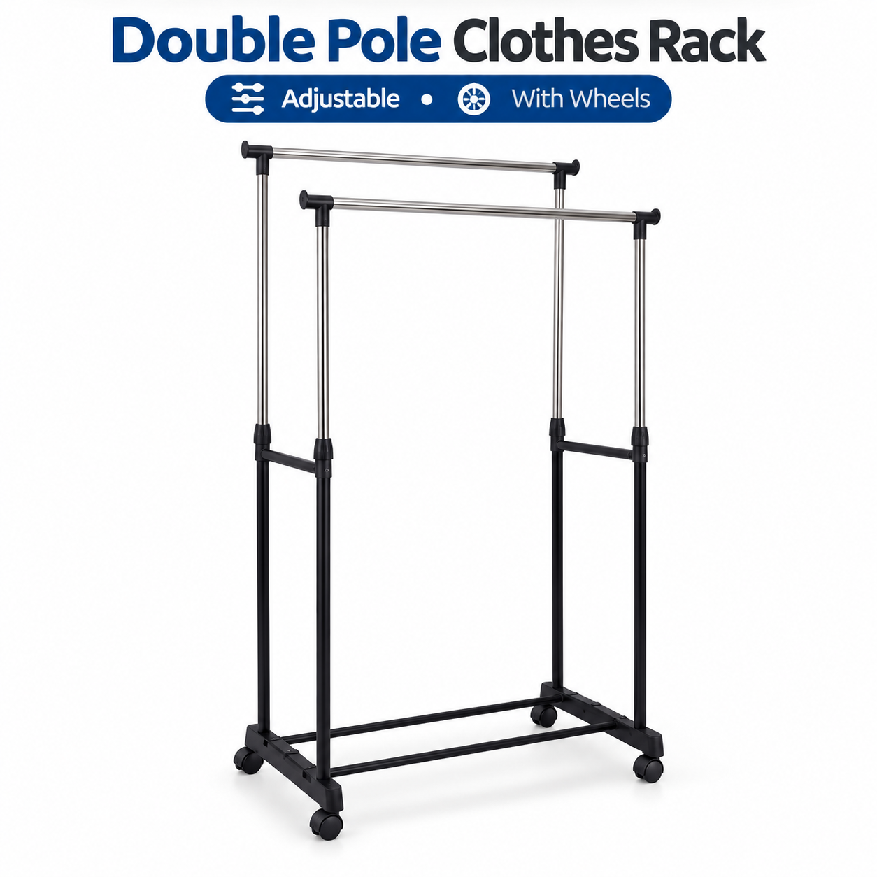 Heavy Duty Clothes Rack with Wheels Double Rod Adjustable Height ...