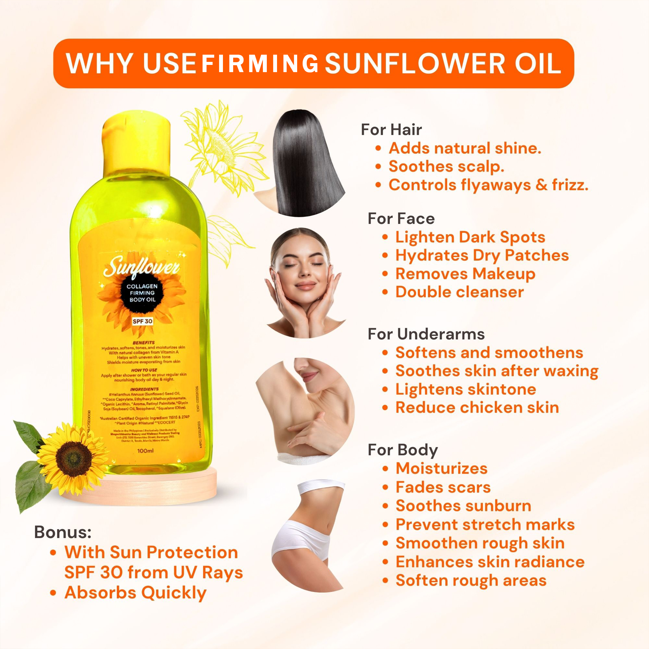 BONITA SUNFLOWER OIL SPF 30 COLLAGEN FIRMING 100ML Organic, Hydrating ...