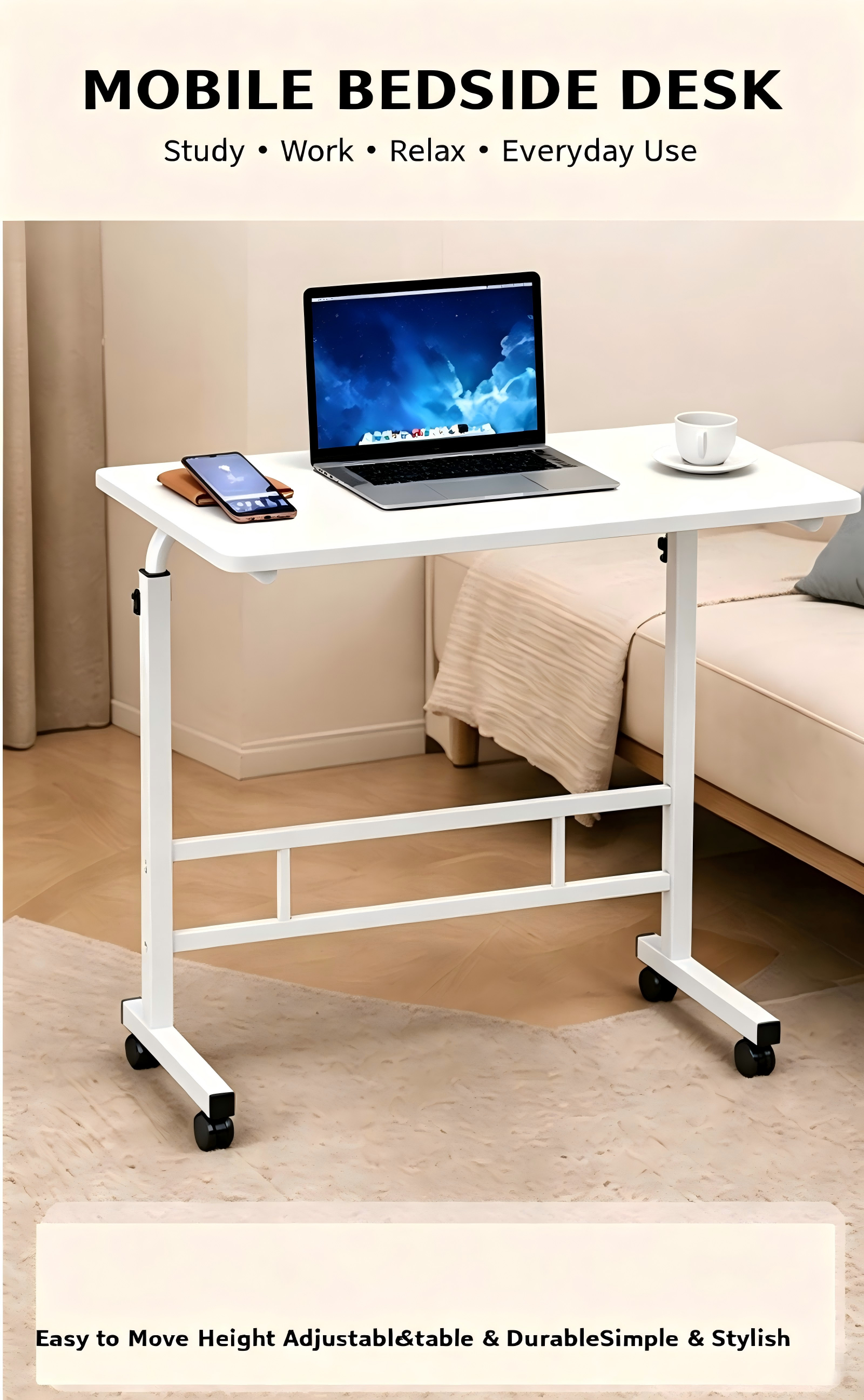 Height Adjustable Foldable Bedside Study Table, Solid Wood Laptop ...