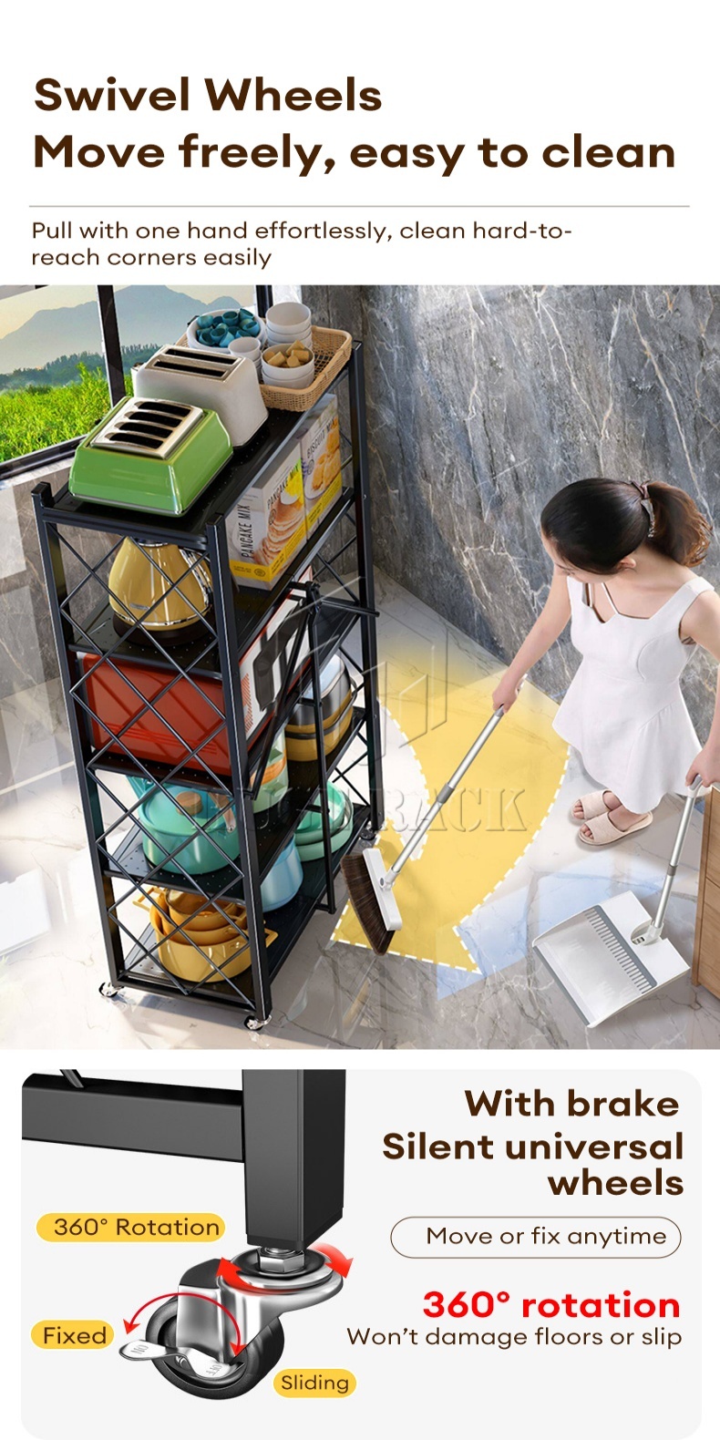 Foldable Metal Rack With Wheels Free Installation Kitchen Shelf ...
