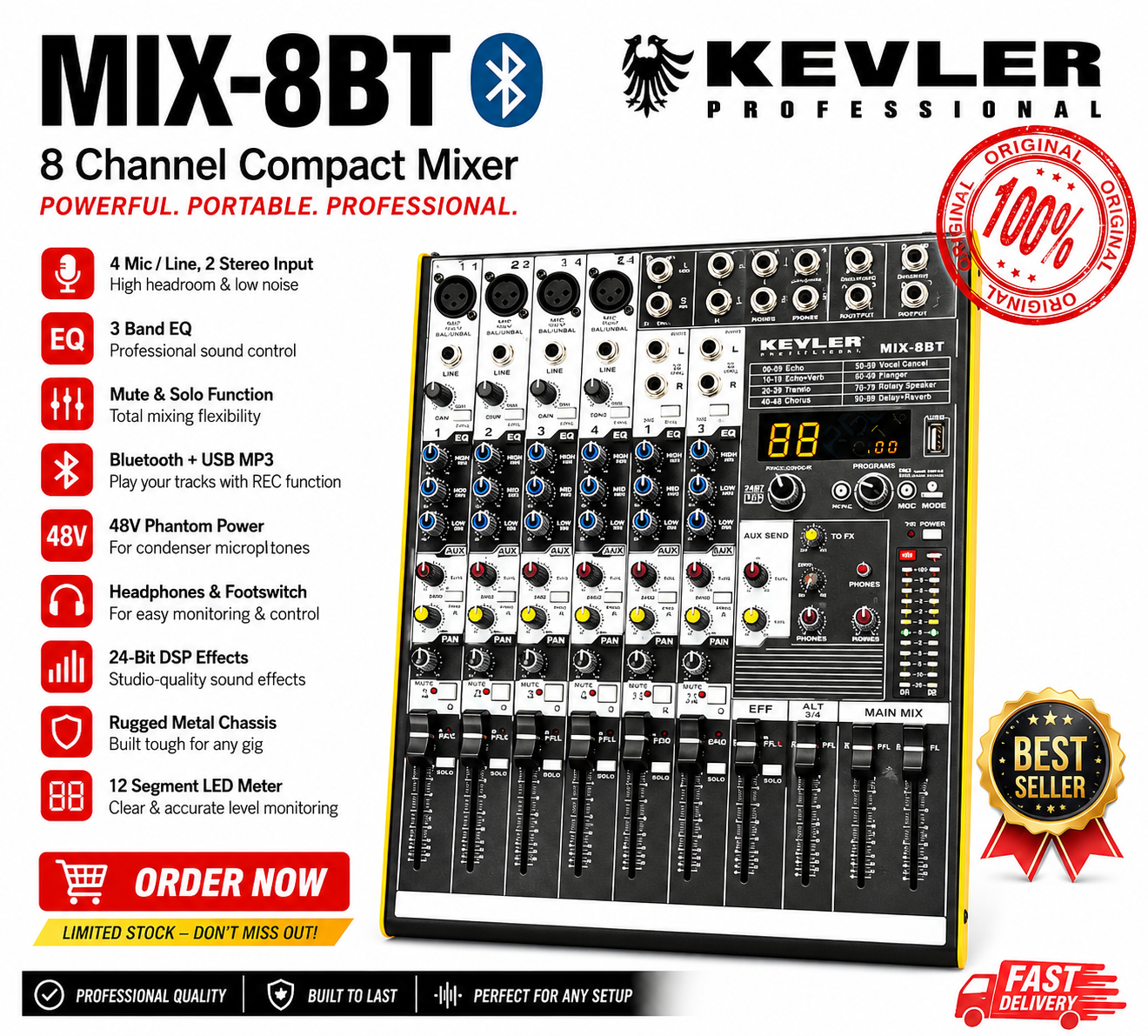 KEVLER MIX-8BT 8 Channel Audio Mixer Bluetooth USB MP3 48V Phantom ...