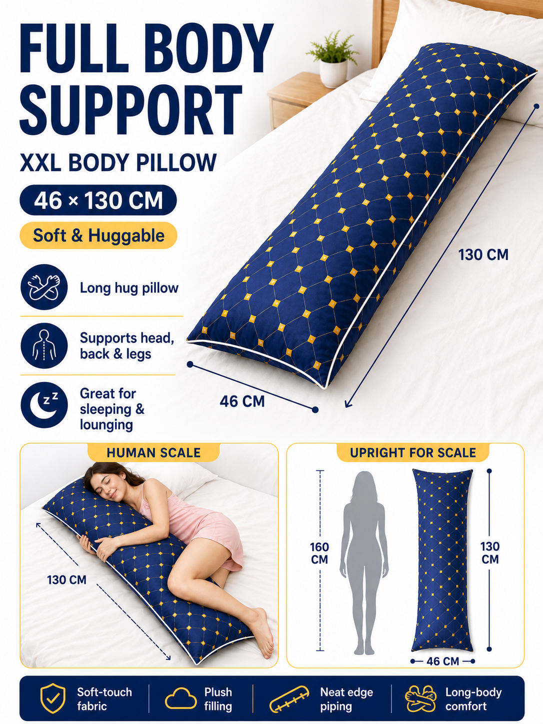 XXL Body Pillow 46x130cm Soft Long Hug Pillow for Sleeping Hugging ...