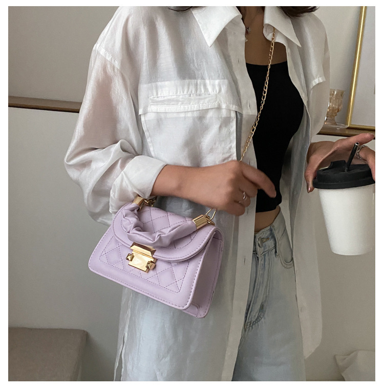 Diamond Quilted Mini Square Handbag Ruched Top Handle Metal Chain ...