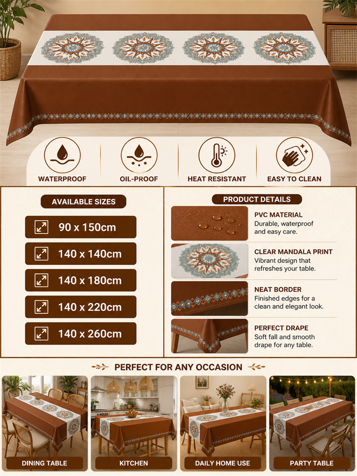 PVC Table Cloth Bohemian Floral Waterproof Oilproof Stain Resistant ...