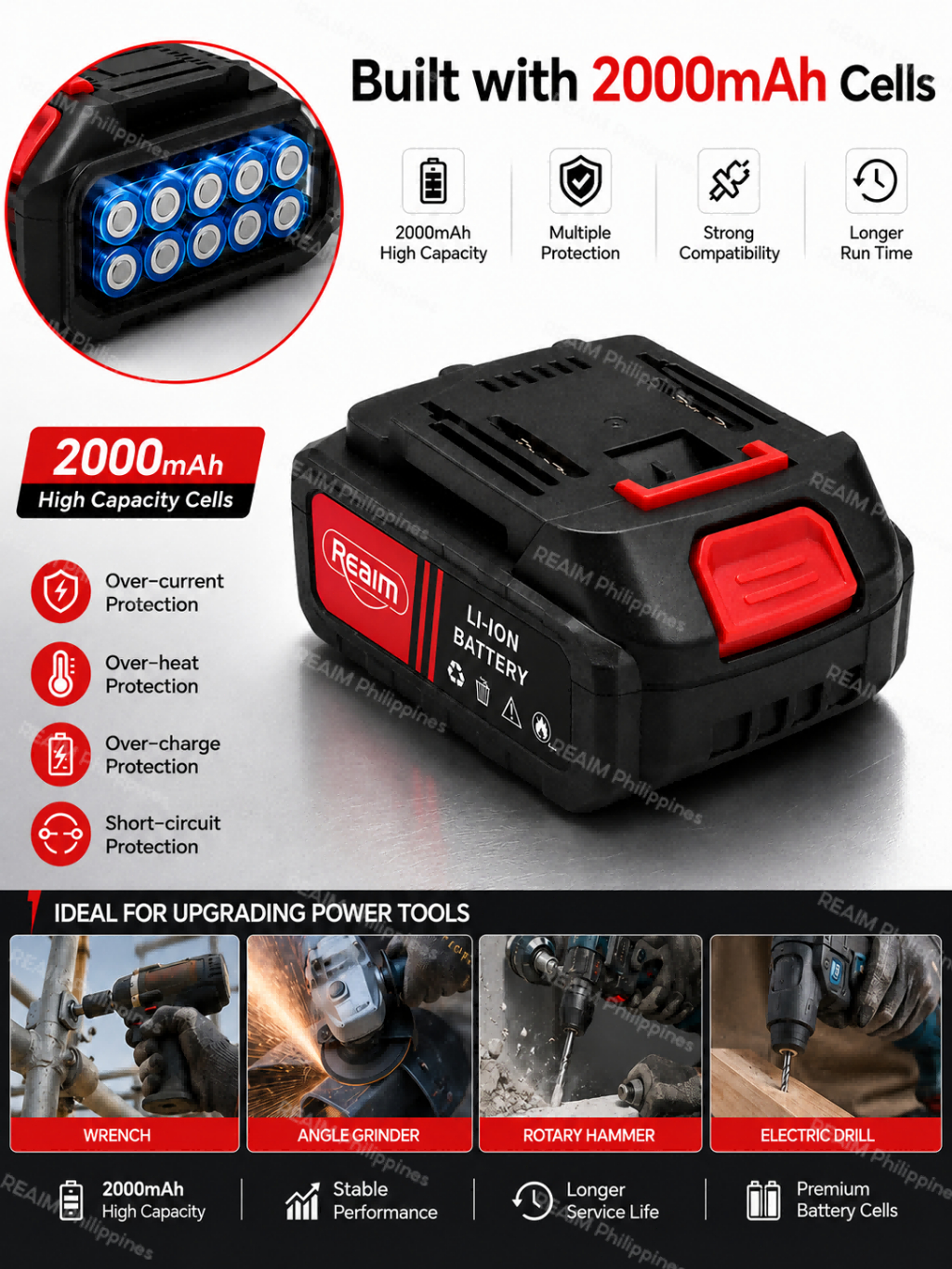 REAIM Lithium Battery 12V 18.5V Rechargeable Battery for Power Tools ...