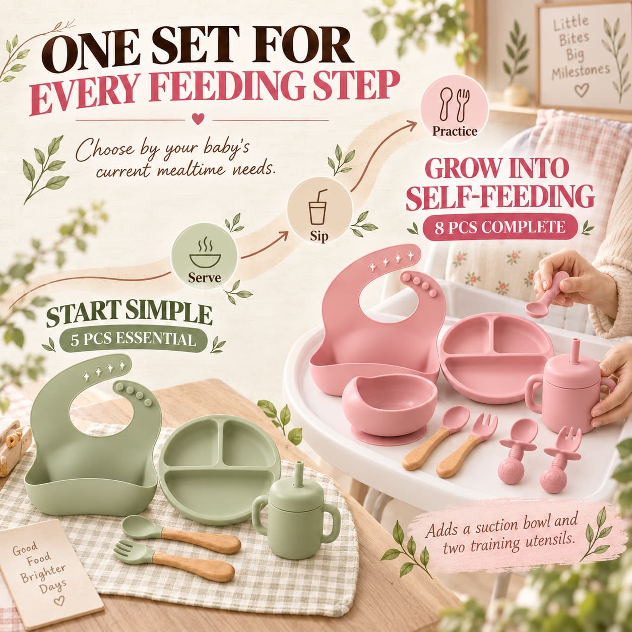 【Tiny Toes】Baby Silicone Feeding Set 5/8PCS Suction Plate Bowl Bib ...