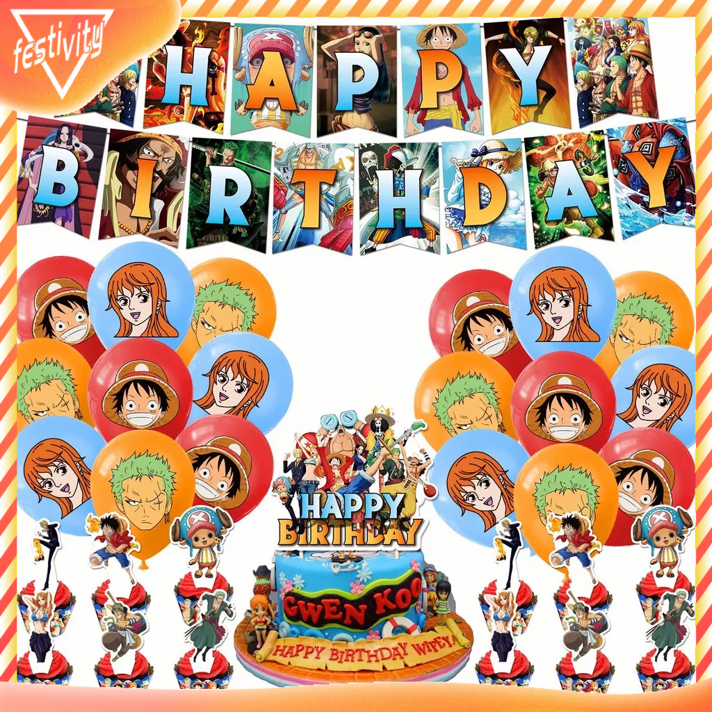 ONE PIECE Birthday Party Decoration Birthday Banner Cake Topper Latex ...