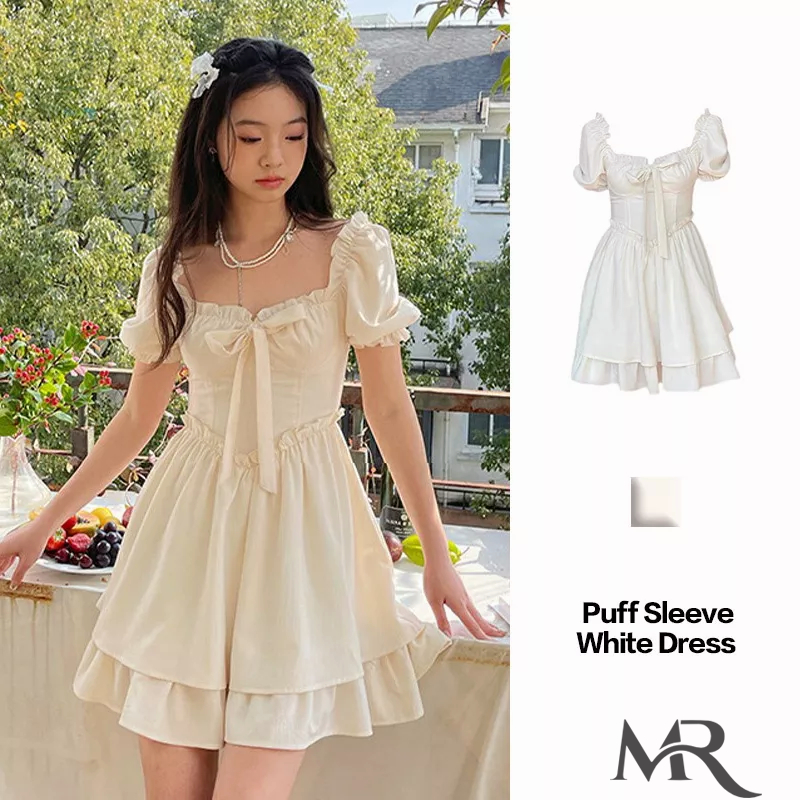 M-R_puff sleeve dress white dress square neck super sweet fairy dress ...
