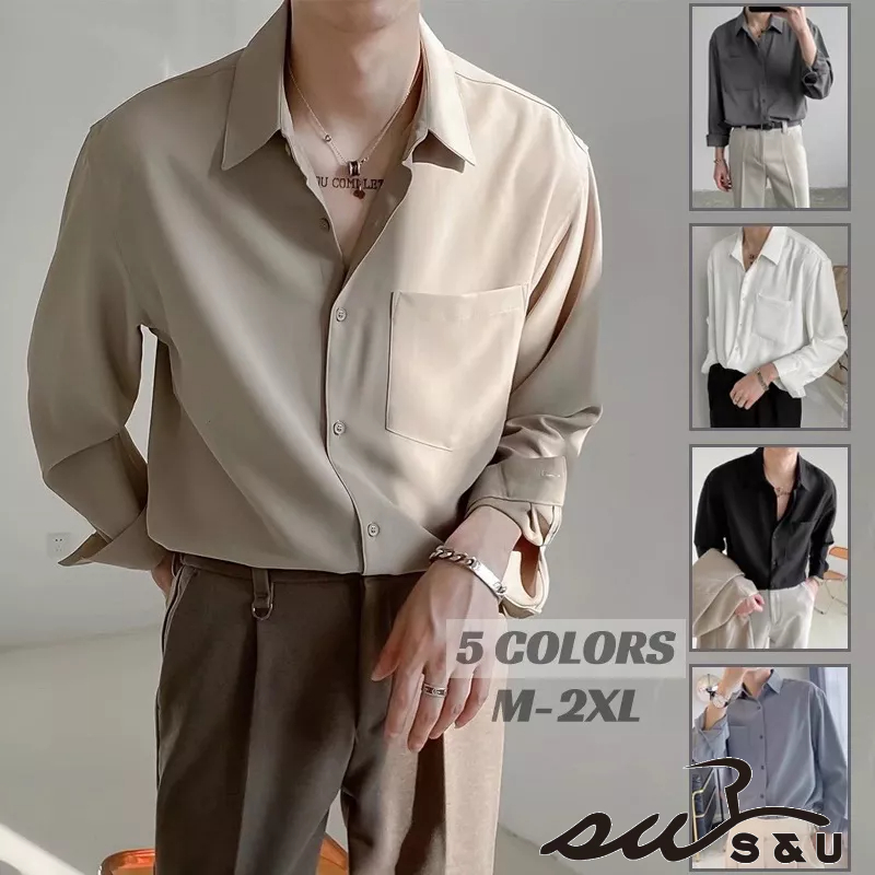 S & U Men Long Sleeve Lapel Collar Business Solid Color Button Up