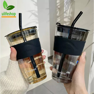 450ML Simple Coffee Cup with Lid and Straw Transparent Glass Tea Cup Juice  Glass Beer Can Milk Mocha Cups Water Mug Drinkware