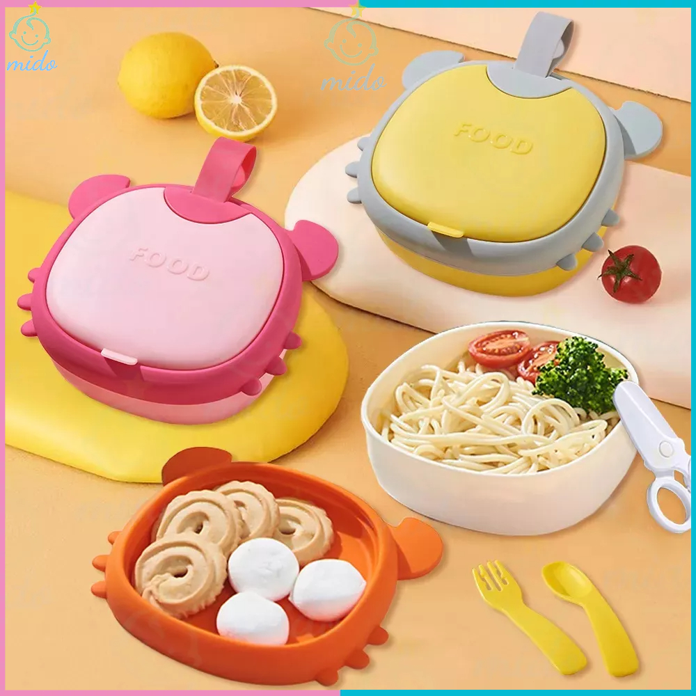 Mido Lunch Box for Kids with Spoon Fork Scissors Double Layer Cartoon ...