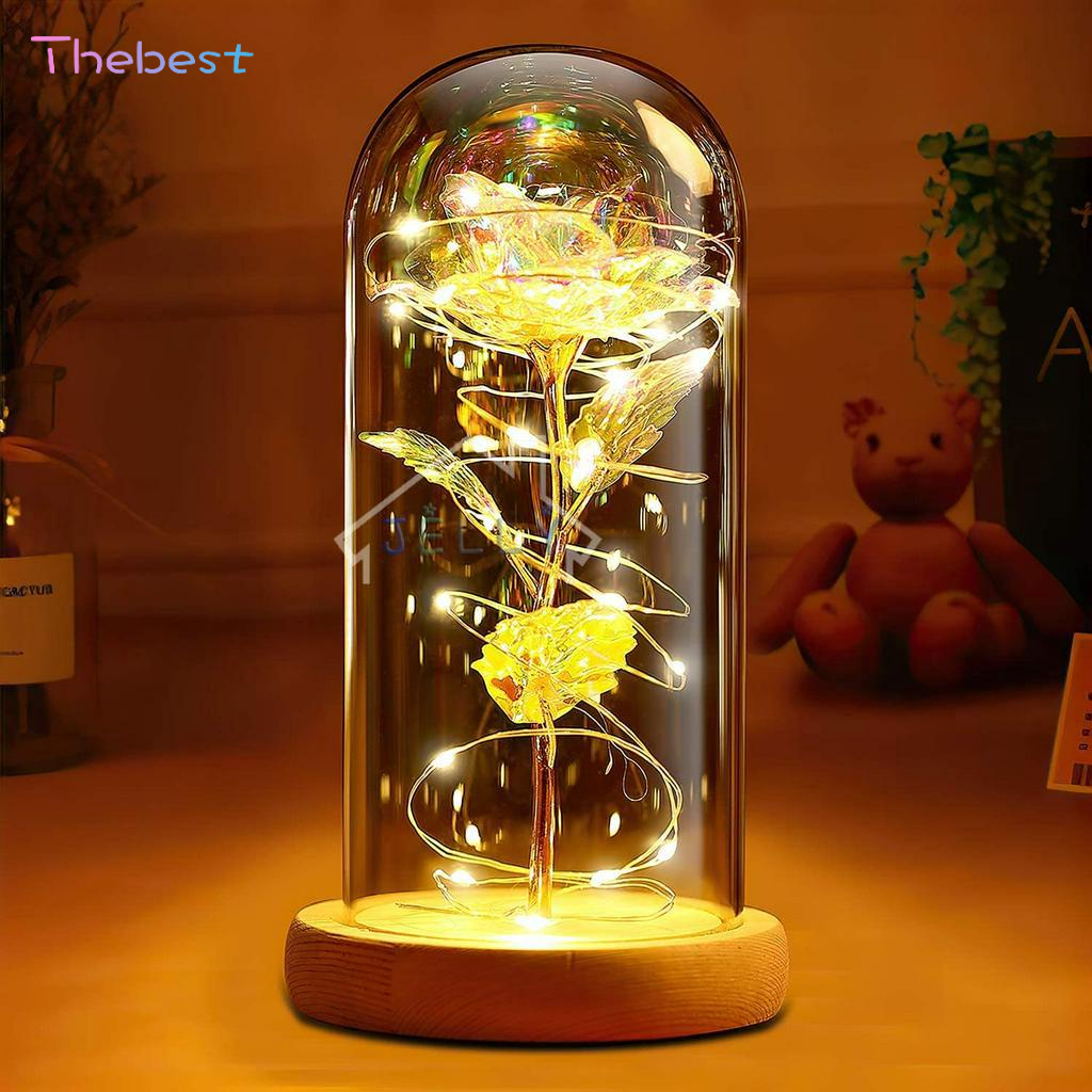 Led Light Rose Artificial in Glass Dome with Wooden Base as Unique