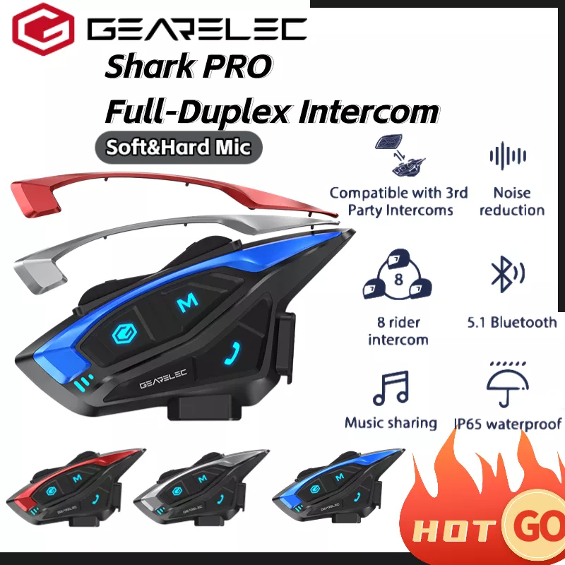 GEARELEC Shark Bluetooth Motorcycle Intercom Helmet Headset 1000m