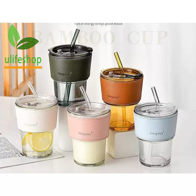 Glass cup with straw Coffee cup tumbler antiscalding leather