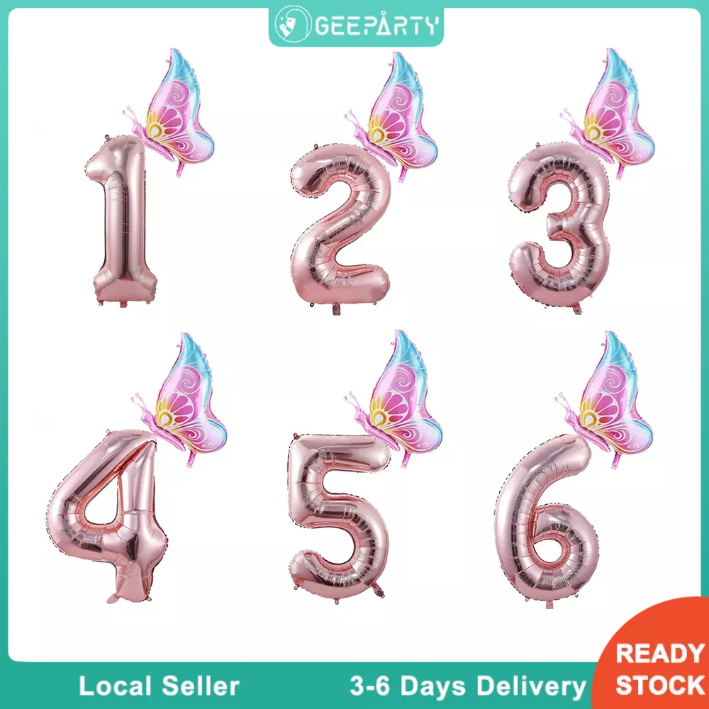 32 Inch Butterfly Birthday Foil Balloons Set Rose Gold Number Balloon