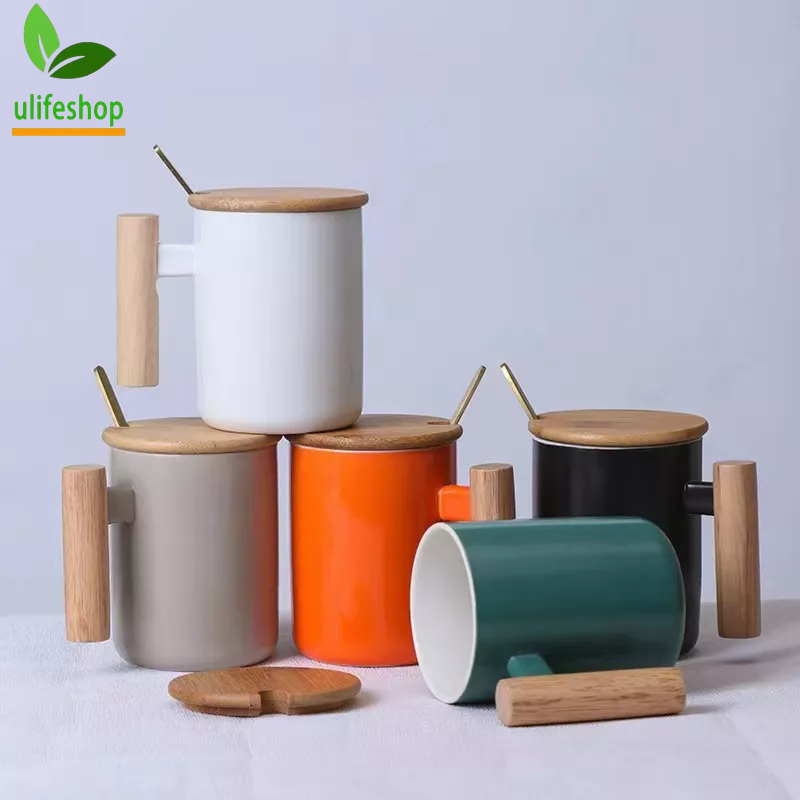 380ml Nordic Style Ceramic Coffee Tea Mug with Bamboo Wooden Lid and Handle (Free Golden