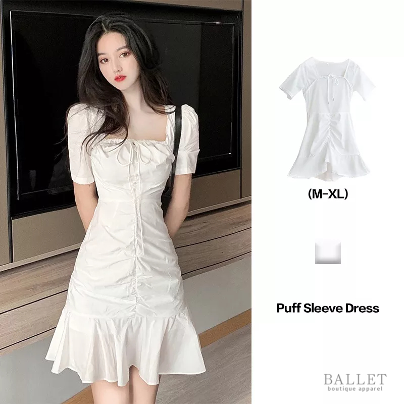 Korean white Dress summer Graduation Ruffled Mermaid Pleated square ...