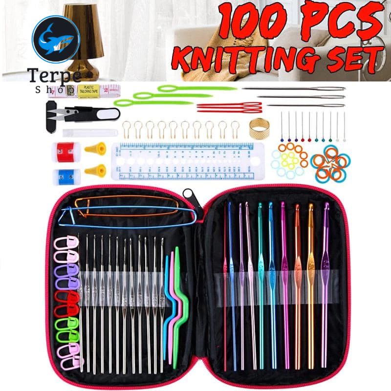 100 Piece DIY Knitting Tool Material Pack Set 22 Holster Crochet Hooks ...