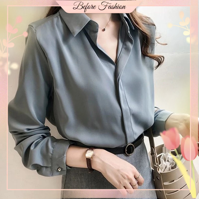 Office Blouse for Women Temperament Pure Color Shirt Long Sleeve Blouse ...