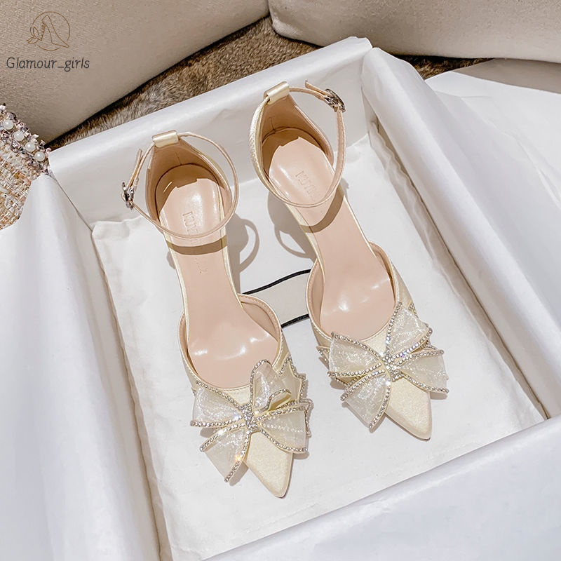New Butterfly Stiletto Ladies Rhinestone Wedding Shoes Bridal Wedding  Princess Fairy Beige High Heel - Main Image