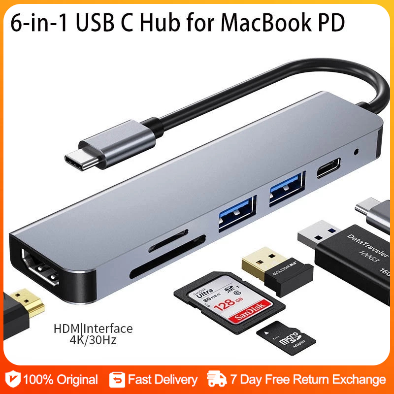 6 in 1 USB C HUB Type C To HDMI 4K High Speed USB 3.0 Ports SD/TF Card ...